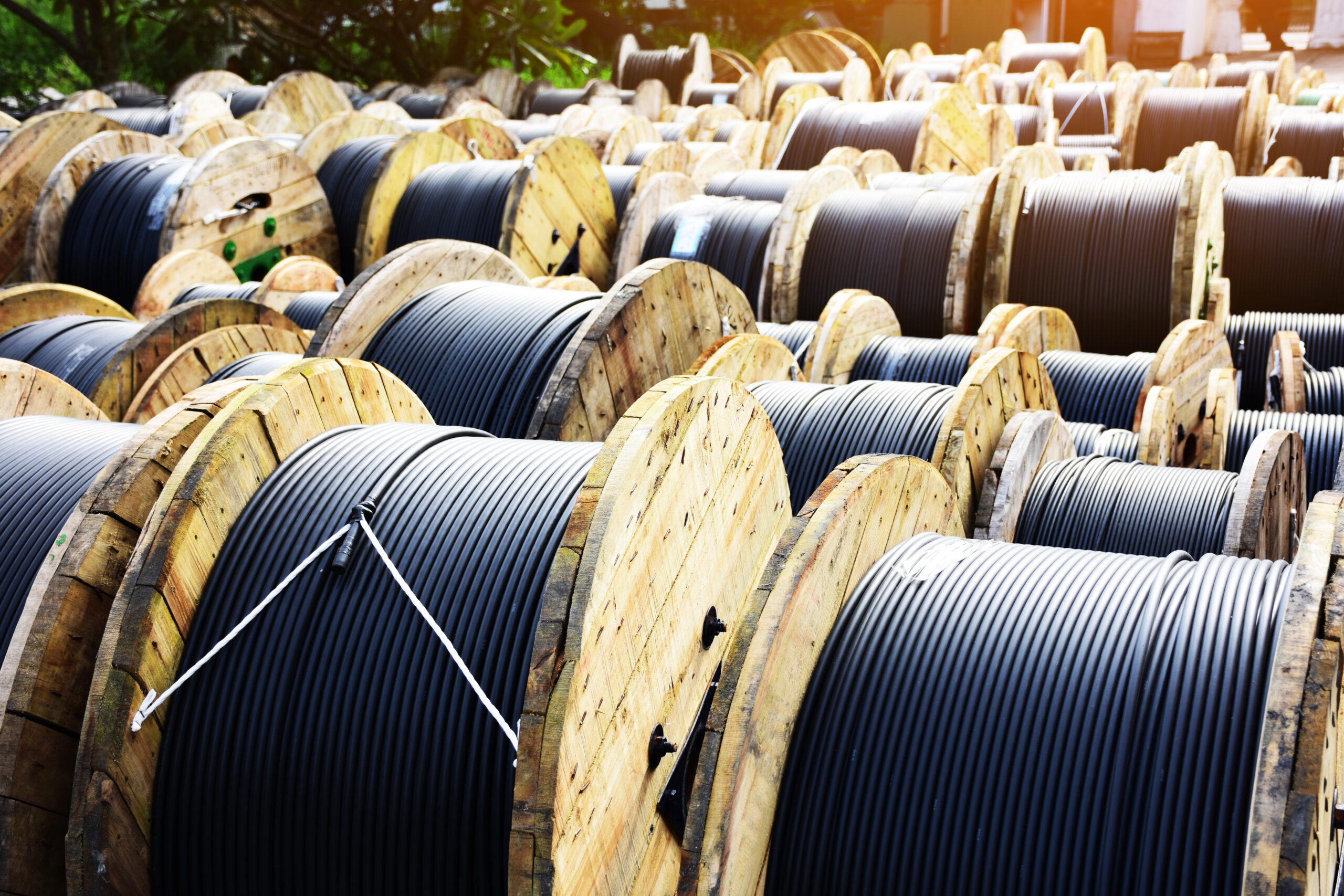 Wooden,Coils,Of,Electric,Cable,Outdoor.,High,And,Low,Voltage